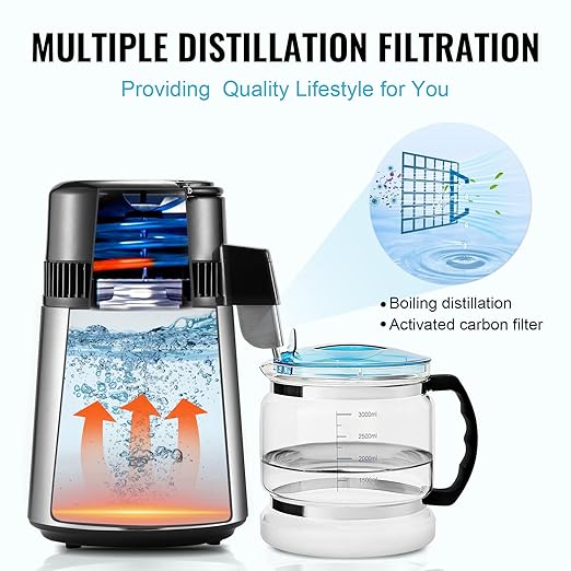 VEVOR Water Distiller, 4L 1.05 Gallon Pure Water Purifier Filter for Home Countertop, 750W Distilled Water Maker, Stainless Steel Interior Distiller Water Making Machine to Make Clean Water, Silvery