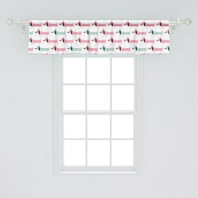 Ambesonne Dachshund Window Valance, Pattern with Funny Cartoon Sausage Dogs, Curtain Valance for Kitchen Bedroom Decor with Rod Pocket, 42" x 12", Seafoam Pink