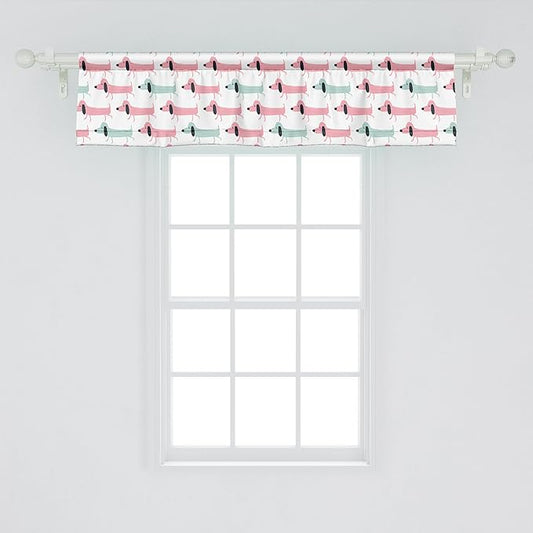 Ambesonne Dachshund Window Valance, Pattern with Funny Cartoon Sausage Dogs, Curtain Valance for Kitchen Bedroom Decor with Rod Pocket, 42" x 12", Seafoam Pink