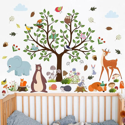 AM AMAONM Removable Jungle Animals Fox Deer Elephant Birds Lion Wall Decals DIY Tree and Leaves Wall Sticker Peel and Stick Home Wall Art Decor for Kids Baby Boys Nursery Bedroom Classroom (39144)