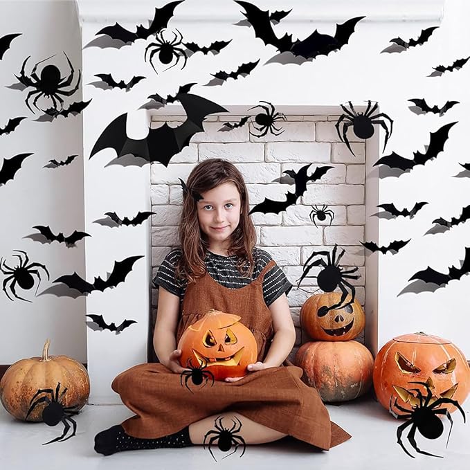 Bat Wall Stickers Decals Removable Halloween Wall Decor Black Gothic Bats Ghost Spider Web Wall Stickers for Wall Glass Mirror Living Room Home Bathroom Kitchen Halloween Party Favor Supplies