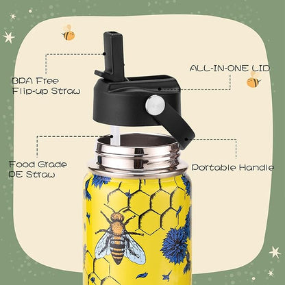 12oz Kids Insulated Water Bottle with Flip Straw & Big Handle, Bees & Flowers, Double Wall 18/8 Stainless Steel, Leakproof Gift for Kids Boys Girls to School Travel Sports, Hands Wash Only, Yellow