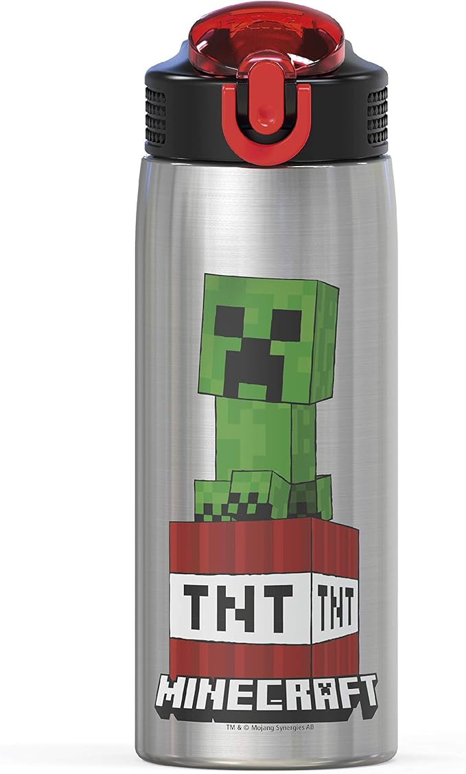 Zak Designs - MICI-V151 27oz Minecraft 18/8 Stainless Steel Water Bottle with Flip-up Straw Spout and Locking Spout Cover, Durable Cup for Sports or Travel (27oz, Minecraft Creeper)