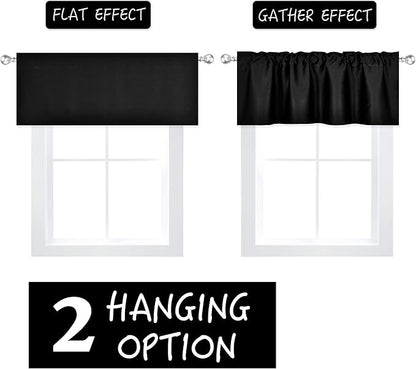 4 Panels Black Valance for Windows 42x18 Inch Solid Thermal Insulated Blackout Rod Pocket Kitchen Short Curtain Toppers Valance for Bathroom Living Room