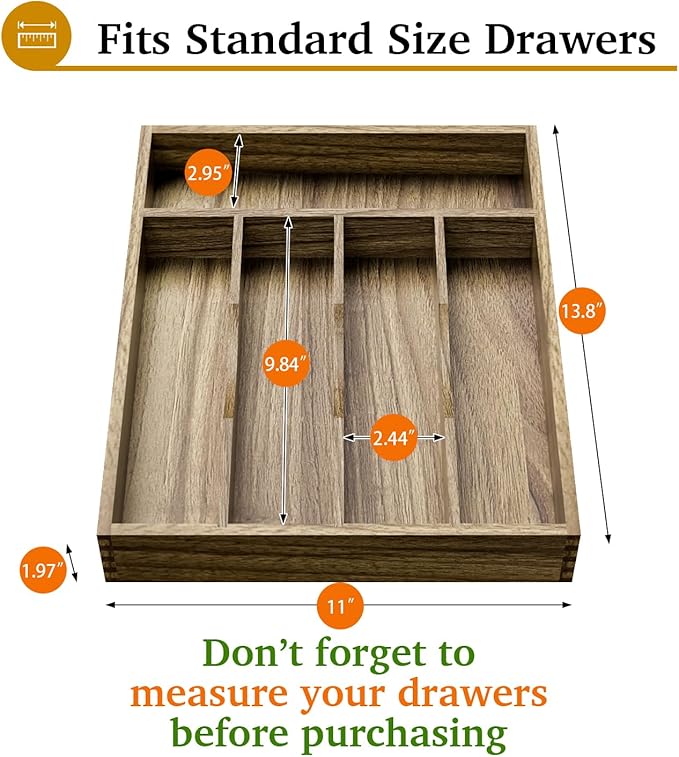 Acacia Wood Silverware Drawer Organizer, Kitchen Utensil Cutlery Drawer Organizer with Grooved Dividers, Flatware Organizer Silverware Tray Holder for Spoon, Fork, 11''x13.8'' (5 Slots)