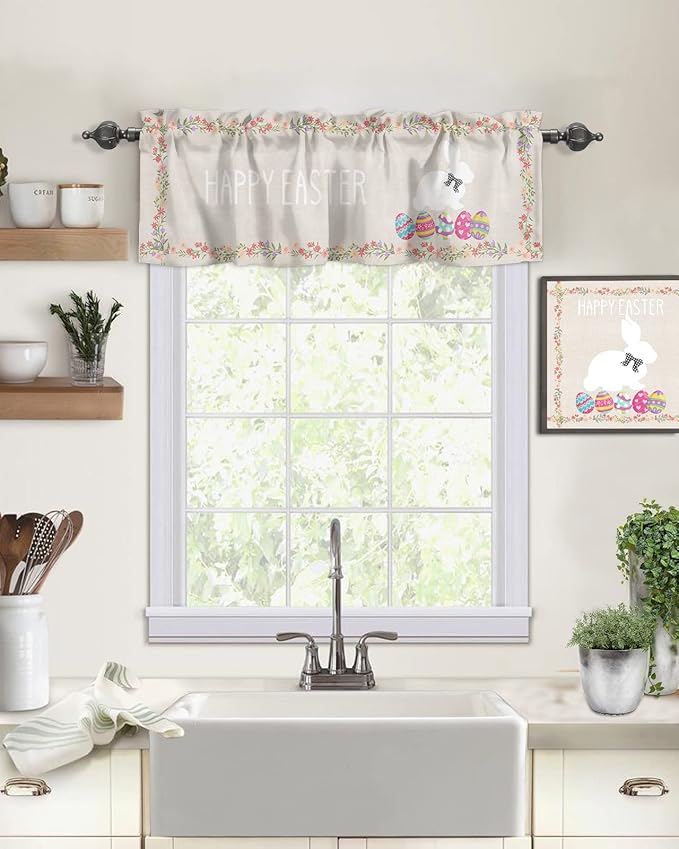 Easter Day Valances Kitchen Curtains for Windows,Easter Rabbit Bunny Eggs Rod Pocket Valances Blue Pink Spring Floral Rustic Home Decoration Short Curtains for Bedroom/Living Room,54" X 18" -1 Panel