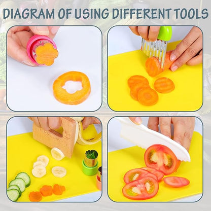 14 PCS Wooden Kids Kitchen Knife,4 PCS Plastic Knife Set Serrated Edges Toddler Knife,Crinkle Cutter,Peeler Potato Slicers,Cutting Board,Kitchen Children-DIY Mold,Kids Knives For Real Cooking