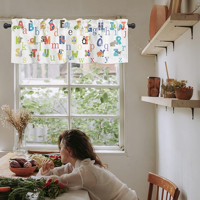 Valance Curtains for Kitchen Window, Cute Animals Alphabet for Kids Rod Pocket Valances Window Treatments Colorful Printed Short Curtains for Bedroom/Living Room,54" X 18" -1 Panel,