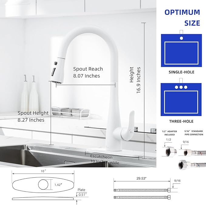 Touch on Kitchen Faucet with Soap Dispenser and Pull Down Sprayer - Single Handle Kitchen Sink Faucet, 1 or 3 Hole Design for Modern Farmhouse Kitchens, Rv, and Bar Sinks (White)