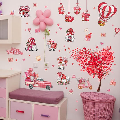 2 Sheets Valentine's Day Wall Decals Heart Tree Red Truck Valentines Day Wall Stickers Romantic Love Heart Wall Decor Home Bedroom Decor for Couple Living Room Kitchen Window Wedding Anniversary Art