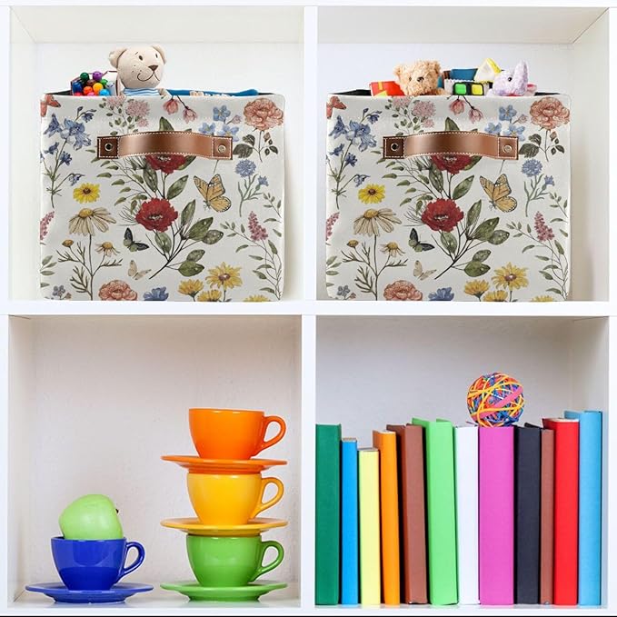 Vintage Wildflower Floral Storage Basket Bin for Shelves Closet Butterfly Rose Foldable Fabric Storage Box Cube with Handles Kids Gift Toy Shelf Basket Organizer for Bedroom Nursery Home Decor