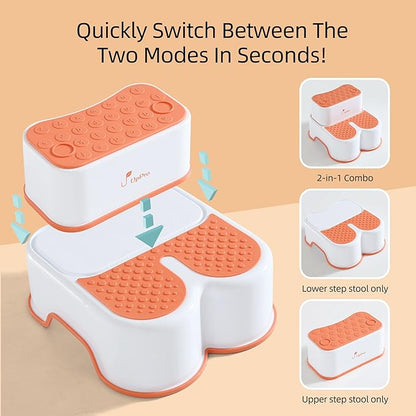 2 in 1 Anti Slip Bunny, Detachable Double Up Kids, Wide Step Toddler Step Stool, Kids Step Stool for Toilet Potty Training, Kitchen, and Bathroom(Orange)