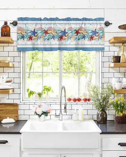 Vandarllin Coastal Beach Kitchen Curtains Valances for Windows Nautical Ocean Seashell Coral Starfish Rod Pocket Window Treatment for Kitchen/Living Room/Bedroom/Bathroom, 42" X 18", Lake Blue Summer