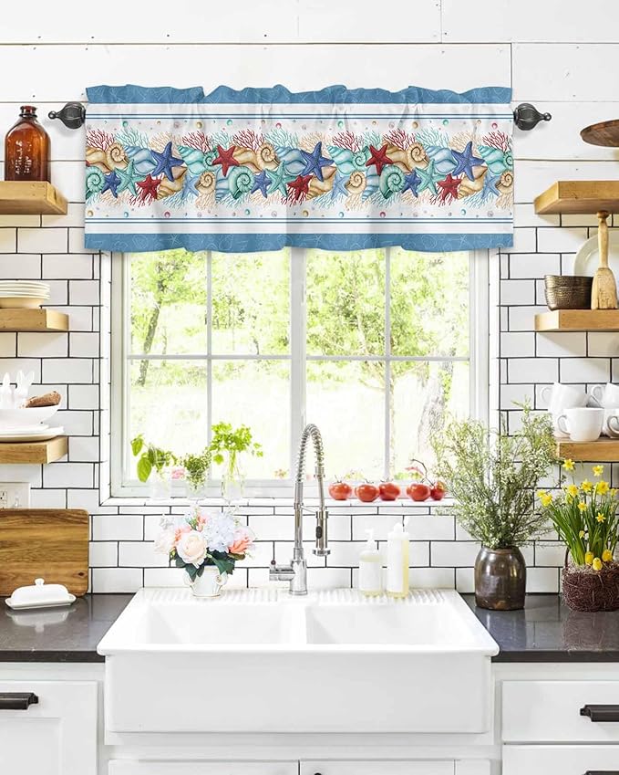 Vandarllin Coastal Beach Kitchen Curtains Valances for Windows Nautical Ocean Seashell Coral Starfish Rod Pocket Window Treatment for Kitchen/Living Room/Bedroom/Bathroom, 54" X 18", Lake Blue Summer