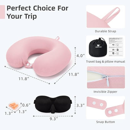 Travel Pillow, Cooling Neck Pillow Airplane Memory Foam with Sleep Mask Earplugs, Soft & Support Airplane Pillow for Travelling Plane Car Train Home Use, Pink