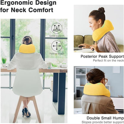 Travel Pillow for Airplane Memory Foam Neck Pillow, 2 Pack Travel Pillow for Travelling with Eye Mask, Earplugs and Storage Bag, Sleeping Rest, Car, Train and Home Use Fleece, Grey & Yellow