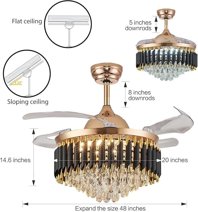 48" Gold Chandelier Ceiling Fans with Lights Crystal Ceiling Fan Chandelier Ceiling Fan with Lights Retractable Blade Fandelier Bladeless Ceiling Fans for Dinning Room Living Room Kitchen Foyer