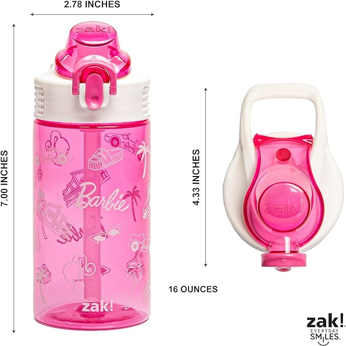 Zak Designs Sage Barbie Water Bottle For School or Travel, 16oz Durable Plastic Water Bottle With Straw, Handle, and Leak-Proof, Pop-Up Spout Cover (Barbie)