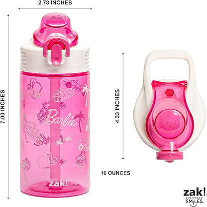 Zak Designs Sage Barbie Water Bottle For School or Travel, 16oz Durable Plastic Water Bottle With Straw, Handle, and Leak-Proof, Pop-Up Spout Cover (Barbie)