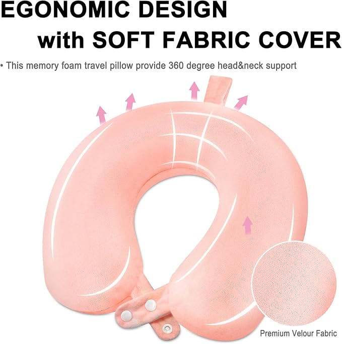 Travel Neck Pillow Airplane, Soft Memory Foam Support Head Neck Chin, with Removale Cover and Adjustable Snap Button, Comfortable Sleeping in Plane Car Train Traveling Office Home, Pink