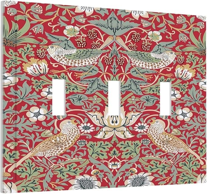 William Morris Strawberry Thief Botanical Red Green 3 Gang Light Switch Covers Triple Toggle Wall Plate Decorative Switchplate Electrical Faceplate for Country Bathroom Bedroom Kitchen Decor