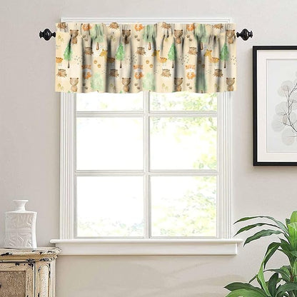 Woodland Animals Kitchen Curtain Valances, Watercolor Forest Animals Valances Set, Bear Deer Fox Wolf Set Hunting Kitchen Curtains Set for Kitchen Cafe Living Room Bedroom Decor 54x18 Inch, 1 Panel