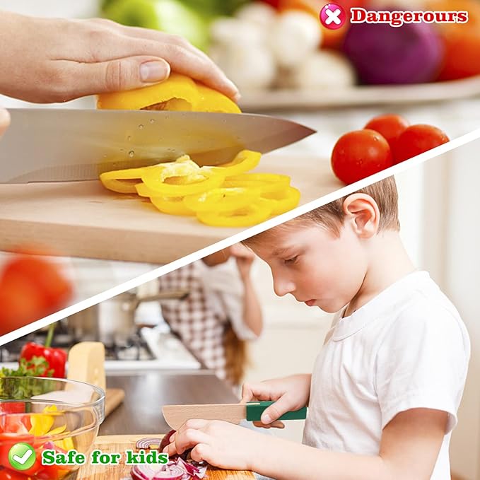 4 Pcs Wooden Kids Knives Cooking Utensils for Kitchen Cooking Children's Safe Knives Kids Cute Kitchen Tools with Rectangle Cutting Board for Cooking Kitchen Veggies Lettuce Fruits Salad Cake