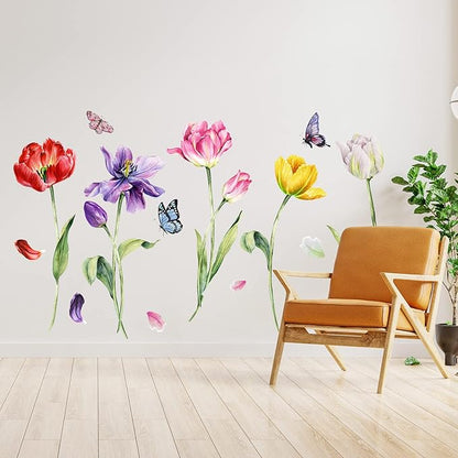 Zonon Flowers Wall Decals Vinyl Dragonflies Flowers Wall Stickers Removable Floral Wall Murals Peel and Stick Colorful Flower Wall Decor for Bedroom Living Room Nursery(Tulip)