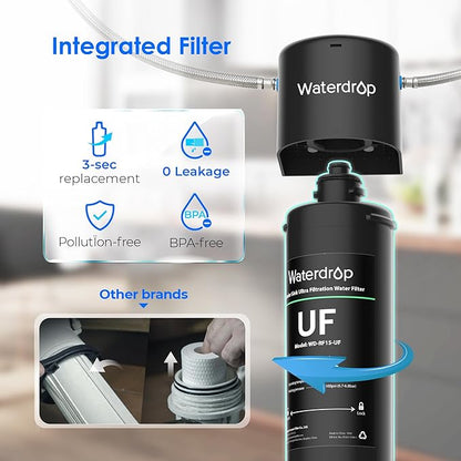 Waterdrop 15UA-UF 0.01 μm Ultra Filtration Under Sink Water Filter for Baçtёria Reduction, 𝟐 𝐘𝐞𝐚𝐫𝐬, Reduces Lead, Chlorine, Bad Taste & Odor, Direct Connect to Kitchen Faucet, USA Tech