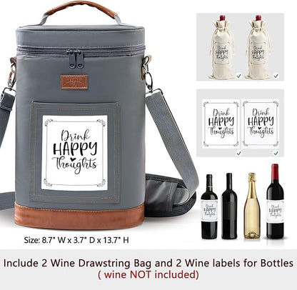 2 Bottle Wine Cooler Bags, Insulated Wine Bag with 2 Wine Drawstring Bag and 2 Wine Labels for Bottles, Wine Carrier Bag,Wine Accessories for Wine Lovers, Wine Travel Bag, Drink Happy Thoughts