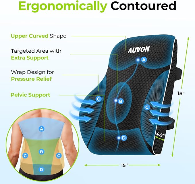 AUVON Lumbar Support Pillow for Office Chair with Patented Bulge for Lower Back Pain Relief, Ergonomic Lumbar Cushion Improves Posture, Memory Foam Back Cushion with Straps for Home, Office, Car Seat