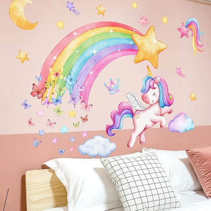 Colorful Wall Decals Set - Rainbow, Moon & Stars, Unicorn Designs - 30x60cm Sheets - Easy Peel & Stick for Home Decor