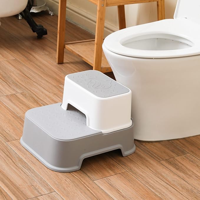 Two Step Stool for Kids(2 Packs), Anti-Slip Sturdy Toddler Two Step Stool for Bathroom, Kitchen and Toilet Potty Training (Gray)