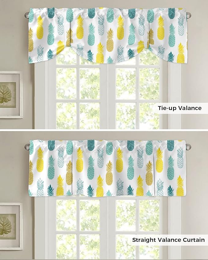 Tie Up Valance for Kitchen Living Room Farmhouse - Yellow Teal White and Blue Pineapple Rod Pocket Adjustable Tie-up Shade Valance for Small Window, Balloon Drape Valance 60x18 inches