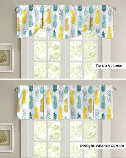 Tie Up Valance for Kitchen Living Room Farmhouse - Yellow Teal White and Blue Pineapple Rod Pocket Adjustable Tie-up Shade Valance for Small Window, Balloon Drape Valance 42x18 inches