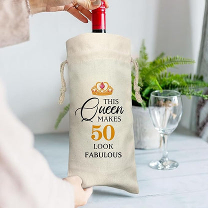 ZHANTUONE，50th Birthday Gift Funny Birthday Wine Bag,Drawstring Polyester Cotton Cloth Wine Bag,Gifts for 50th Women Birthday Wine Bag,Wine Bag Gifts for Mom Grandparents,13IN