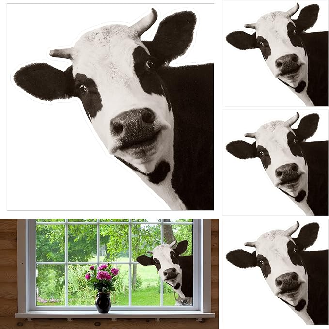 4 Pcs Cow Window Decal Cow Wall Decal Funny Farm Classroom Decor Cute Cow Window Sticker Realistic Peeking Cow Print Stickers Bedroom Window Decals for Living Room Door Farm Kitchen Decor