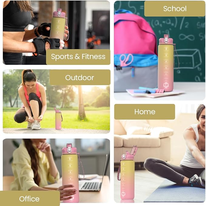 1L Water Bottle with Straw - Leak-Proof & BPA Free Reusable Sports Bottle - Motivational Time Markings for Hydration Durable Drink Bottle for Gym, Sports, Outdoor (Yellow and Pink)