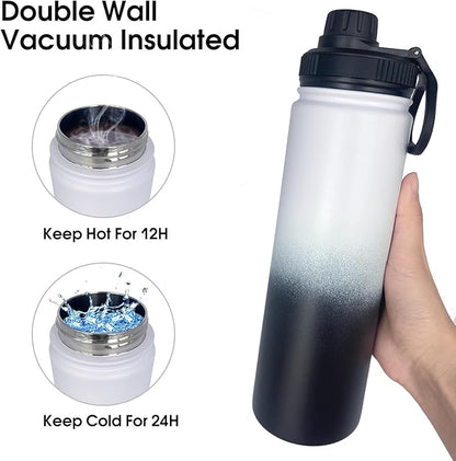 1pack 22 oz Insulated Water Bottle With Straw, Stainless Steel Sports Water Cup Flask with 2 Lids, Wide Mouth Travel Thermal Mug,Black white