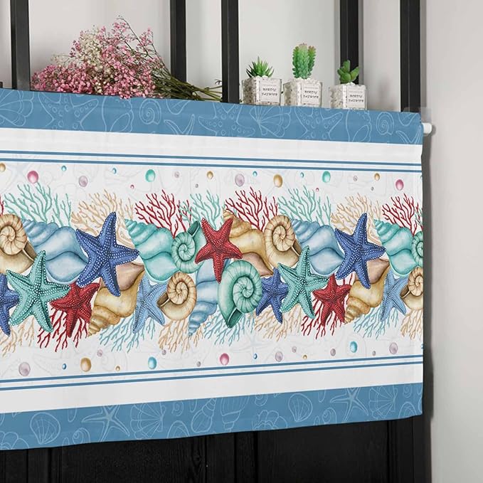 Vandarllin Coastal Beach Kitchen Curtains Valances for Windows Nautical Ocean Seashell Coral Starfish Rod Pocket Window Treatment for Kitchen/Living Room/Bedroom/Bathroom, 42" X 18", Lake Blue Summer