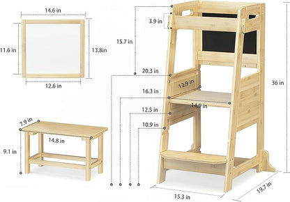 TOETOL Bamboo Toddler Kitchen Step Stool Kids Learning Helper Standing Tower 3 Height Adjustable Stool with Activity Chalkboard and Whiteboard Message Boards,Non-Slip Mat,Natural