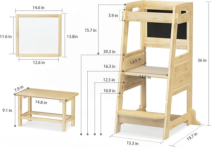 TOETOL Bamboo Toddler Kitchen Step Stool Kids Learning Helper Standing Tower 3 Height Adjustable Stool with Activity Chalkboard and Whiteboard Message Boards,Non-Slip Mat,Natural