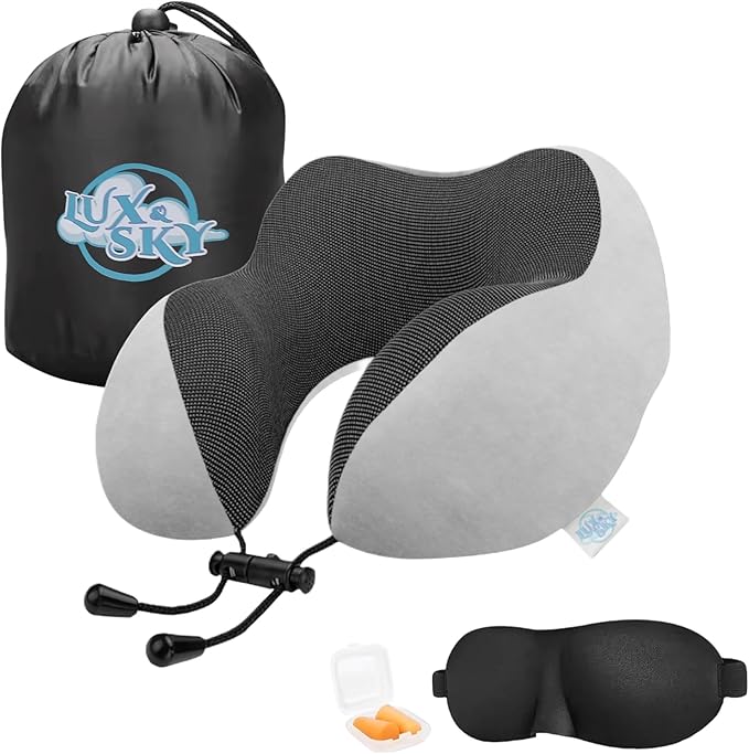 Lux & Sky Cooling Memory Foam Travel Neck Pillow Set for Airplane Car, Home, Office | Travel Essential Neck Pillow with Sleeping Mask & Earplugs | 3 in 1 U Shape Memory Foam Travel Pillow (Light Gray)