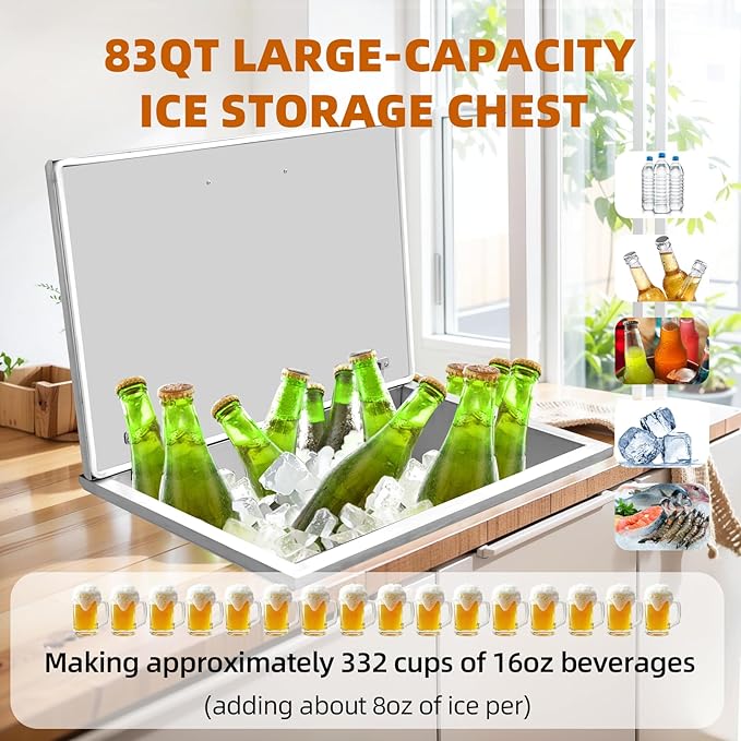 Upgraded Drop in Ice Chest, Stainless Steel Ice Cooler, Commercial Ice Bin with Cover, Outdoor Kitchen Ice Bar, Drain-Pipe and Drain Plug Included, for Cold Wine Beer