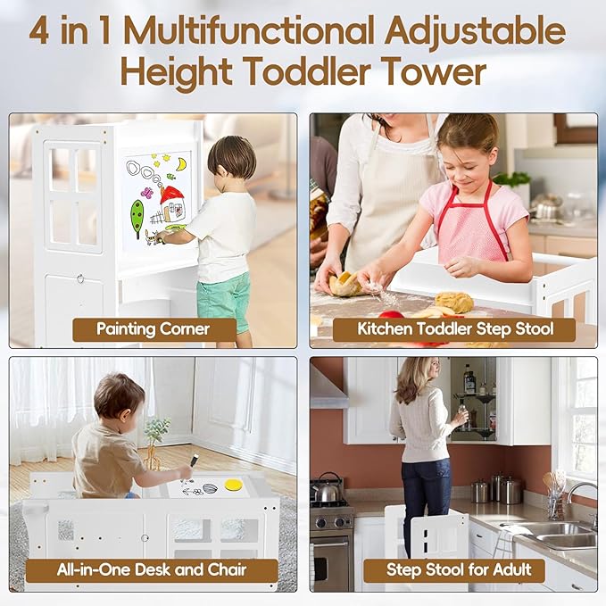 4 in 1 Toddler Kitchen Step Stool, Kitchen Toddler Tower Helper with Whiteboard and Safety Rail, Anti-Slip Protection, Adjustable-Height Kids Learning Standing Tower for Kitchen Counter Bathroom Sink