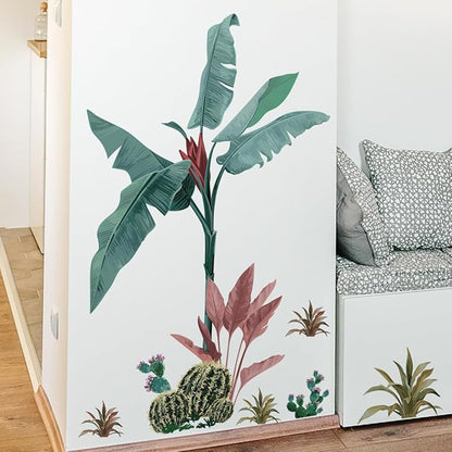 Plant Wall Decals - Stylish Green Leaf and Pink Flower Stickers for Home Decor