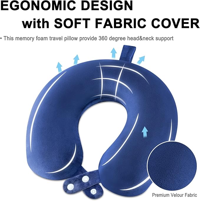 Travel Neck Pillow Airplane, Soft Memory Foam Support Head Neck Chin, with Removale Cover and Adjustable Snap Button, Comfortable Sleeping in Plane Car Train Traveling Office Home, Blue