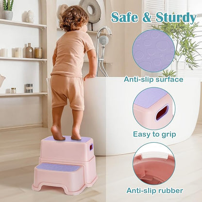 2 Step Stool for Kids, Anti-Slip Toddler Toilet Potty Training Stool with Handles, Two Step Stool for Bathroom, Kitchen, Bedroom, Living Room(Pink)