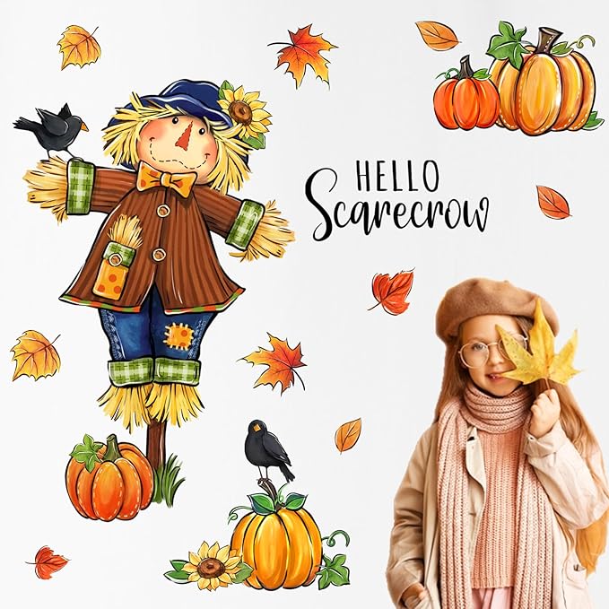 Mfault Fall Hello Scarecrow Wall Decals Stickers, Autumn Pumpkin Maple Leaves Farmhouse Decorations Bedroom Art, Thanksgiving Crow Sunflower Seasonal Home Kitchen Decor