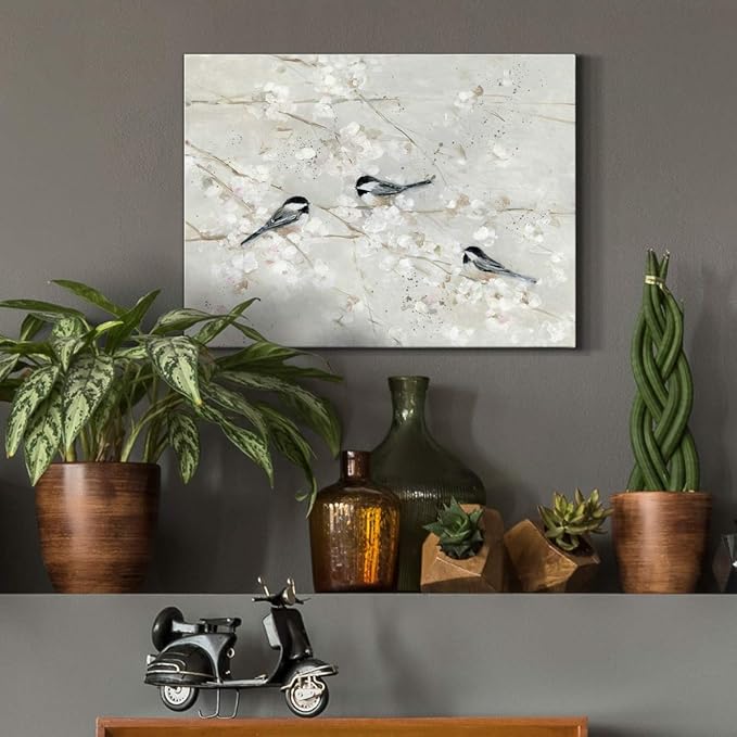 Renditions Gallery Canvas Nature Wall Art Home Paintings & Prints Elegant Little Birds Glam Romantic Abstract Modern Botanical Artwork Decor for Bedroom Office Kitchen - 12"x18" LT33